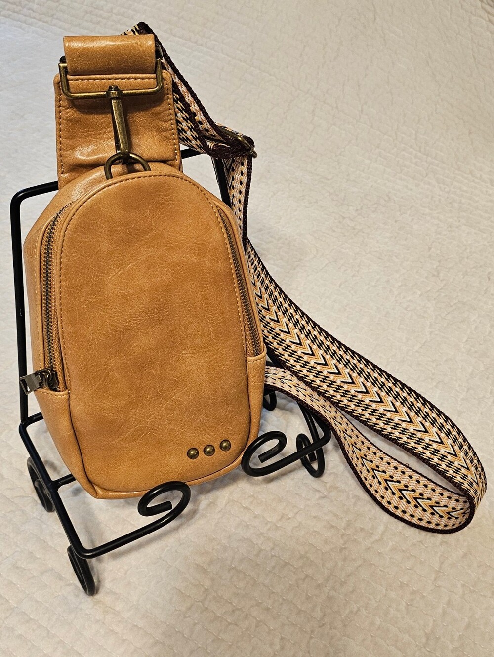 Paul Smith Tan Leather Crossbody Sling Bag with Patterned Strap